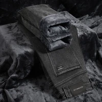 2025 New Winter Men's Slim Fleece Jeans Thick Elastic Denim Pants Warm Straight Casual Male Clothes Fashion Plush Trousers