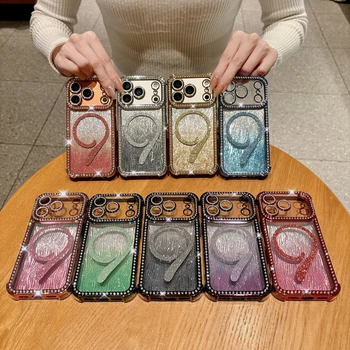 Custodia Protettiva per Fotocamera Anti-Caduta a Quattro Angoli con Glitter Sfumato per iPhone 13 14 15 16 17 Pro Max, Cover Magnetica per Ricarica Wireless