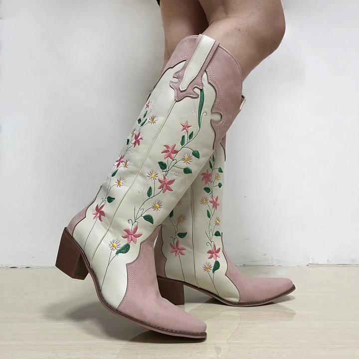 IPPEUM Cowgirl Boots Pink Flower Embroidered Knee Shoes For Women