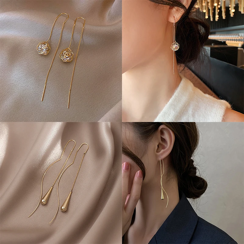 long wire thread chain drop earrings