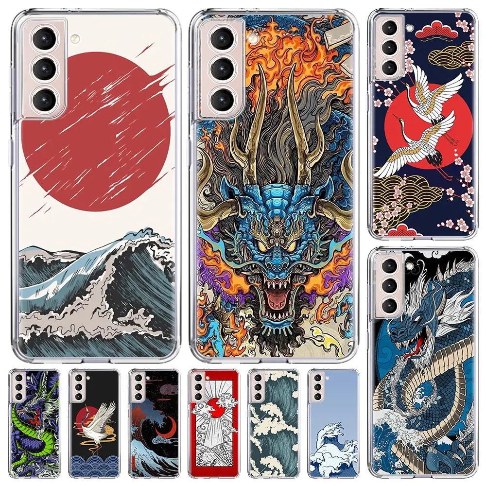 Cover Per Telefono Per Samsung Galaxy S23 S22 Ultra S10E Custodia S21 S20 Fe S10 5G S9 S8 Plus Tpu Trasparente Funda Japanese Wave Anime Dragon