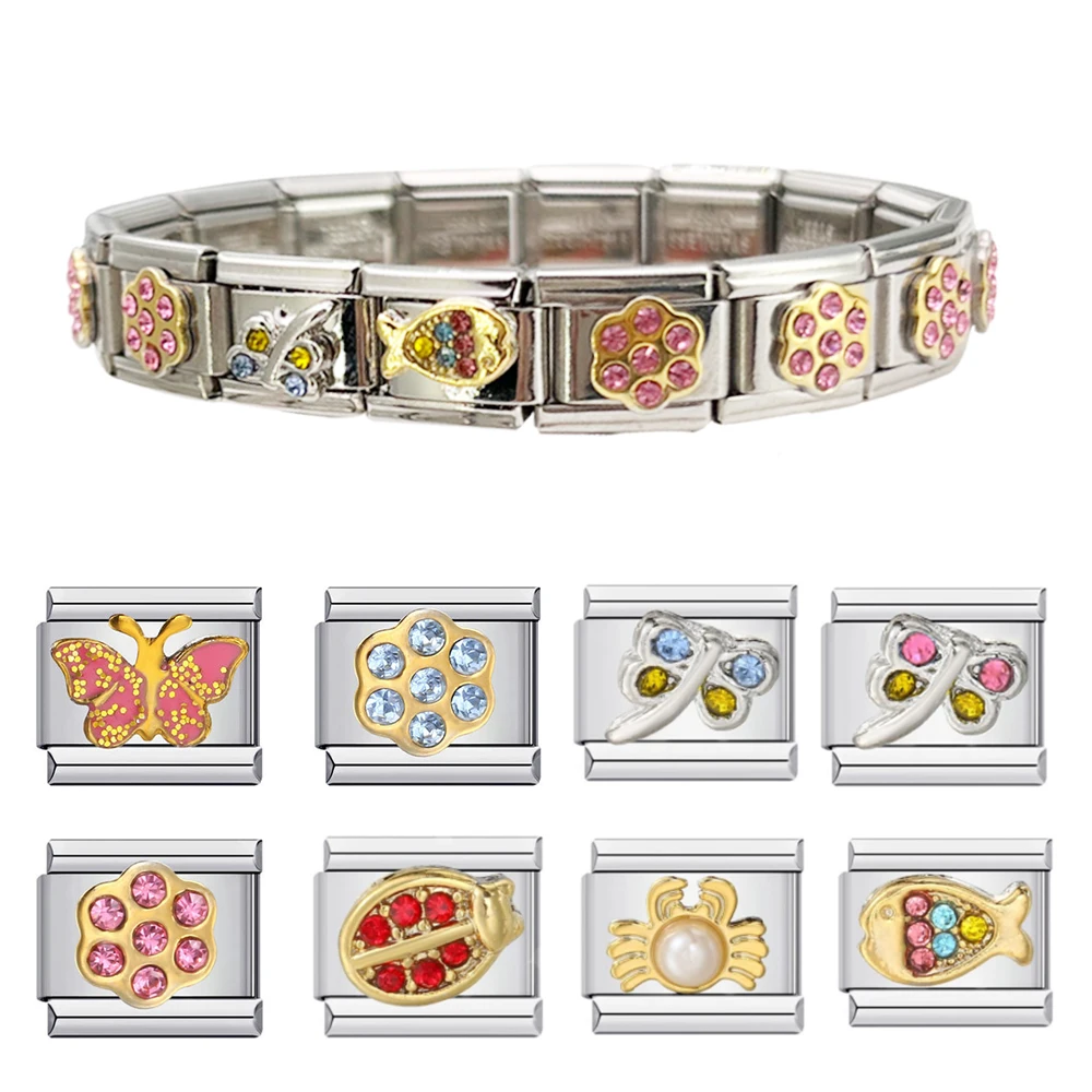 Stainless Steel Fit 9mm Italian Bracelet Butterfly Flower Dragonfly Charm Link Beads Elastic Bangle Fashion DIY Making Gift Wife stainless steel fit 9mm italian bracelet butterfly flower dragonfly charm link beads elastic bangle fashion diy making gift wife