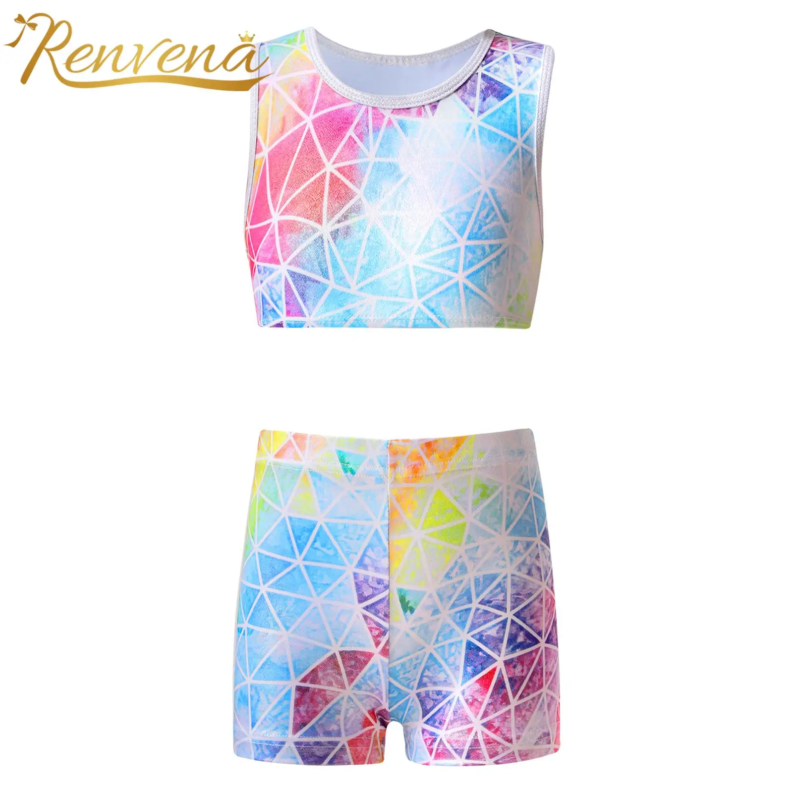 

2Pcs Kids Girls Print Ballet Dance Gymnastics Outfit Fashion Sleeveless Crop Tank Top with Shorts Training Yoga Set Sport Suit
