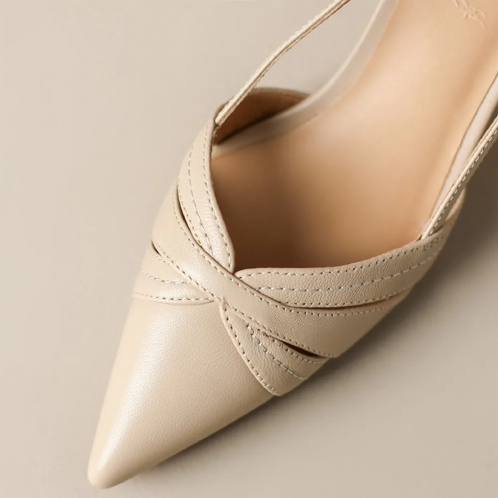 Women's Genuine Leather High Heel Pointed Toe Slingback Slip-on Flats Sandals Elegant Ladies Daily Dress Pumps Heeled Shoes