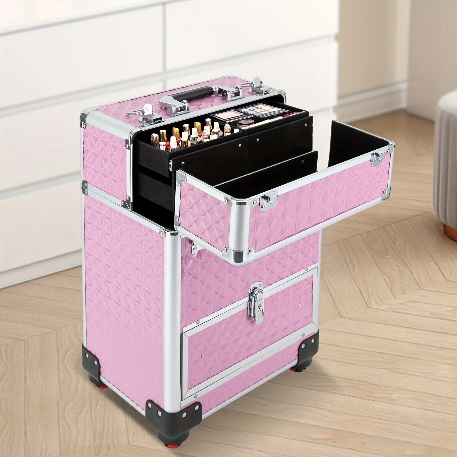 

1pc Makeup Storage Cart With Grids, Rolling Cosmetic Trolley, Travel Storage Box, Lockable Travel Organizer Pastillero Ring box