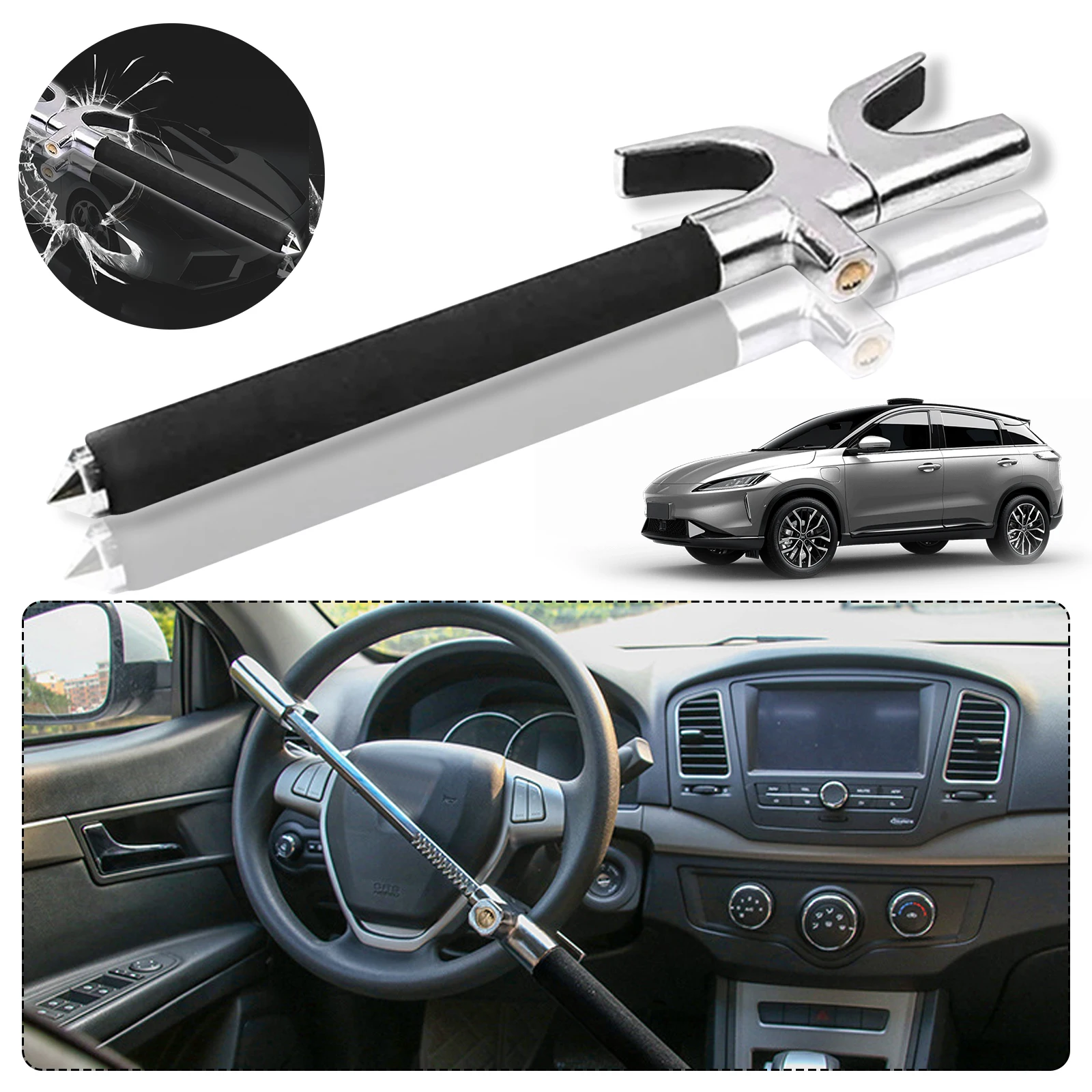 Steering Wheel Lock, Anti-Theft Wheel Lock, Retractable Car Lock, Emergency Car Glass Breaker For Cars Suv Truck