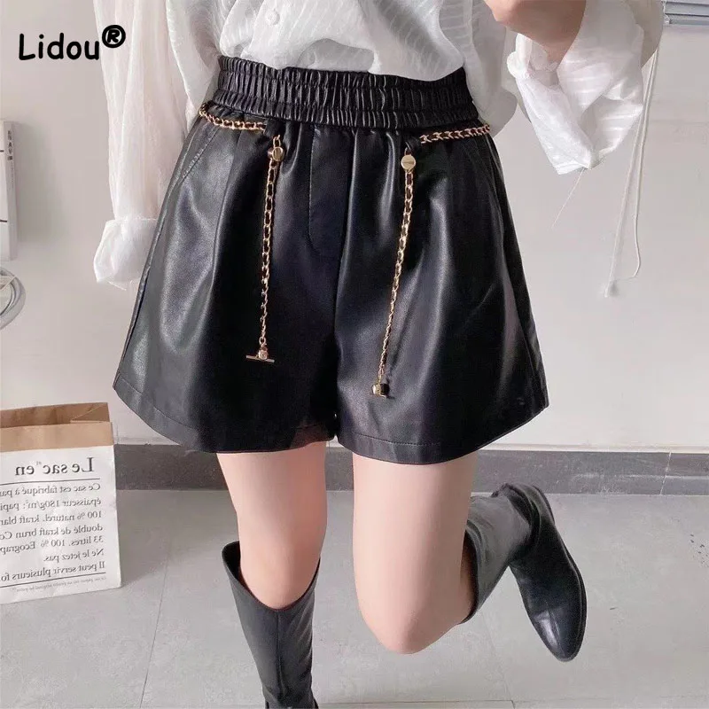 Fashion Korean Solid Leather Shorts Women's Clothing Spring Autumn Loose Wide Leg Chain Patchwork Trend Elastic Waist Pants