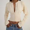 Women's High Waist Round Neck Single Breasted Cardigan Solid Long Sleeve Short Sweater Top Autumn Slim Bottoming Shirt 1