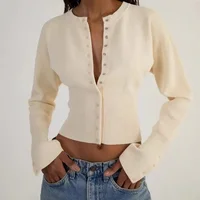Women's High Waist Round Neck Single Breasted Cardigan Solid Long Sleeve Short Sweater Top Autumn Slim Bottoming Shirt 1