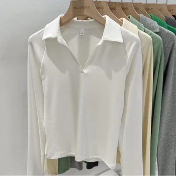 AOSSVIAO 2025 بلون كم طويل تي شيرت المرأة الخريف مضلع محبوك بولو الرقبة سليم صالح قاعدة قميص تنوعا رداء علوي غير رسمي 5