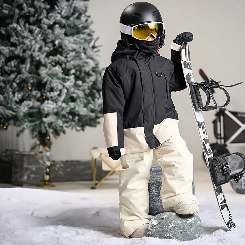Original Black and White Children's Outdoor Strong Waterproof Moisture Permeable Ski Suit Quilted Fleece-lined Snow Suit