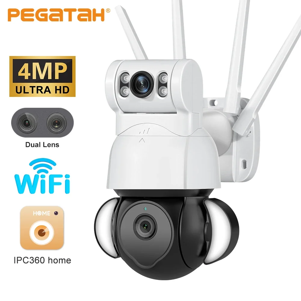 PEGATAH 4MP WIF IP Camera Dual-Lens Smart Floodlight Human Detect Color Night Vision Outdoor CCTV Video Surveillance PTZ Cameras