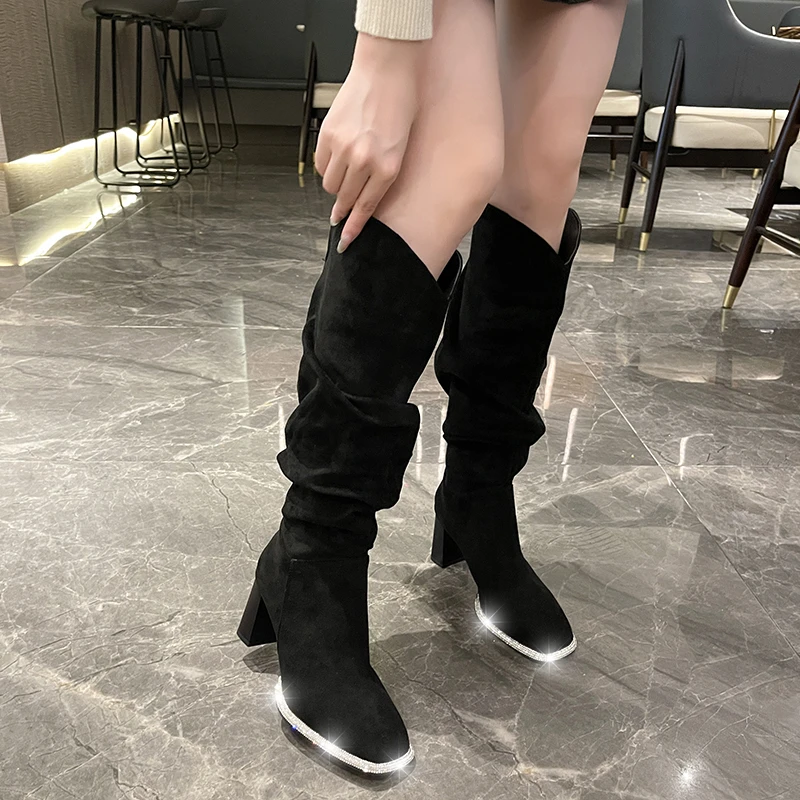 

2023 Winter Luxury Brand Knee High Motorcycle Boots Women Shoes Fashion New High Heels Chelsea Boots Gladiator Pumps Mujer Shoes