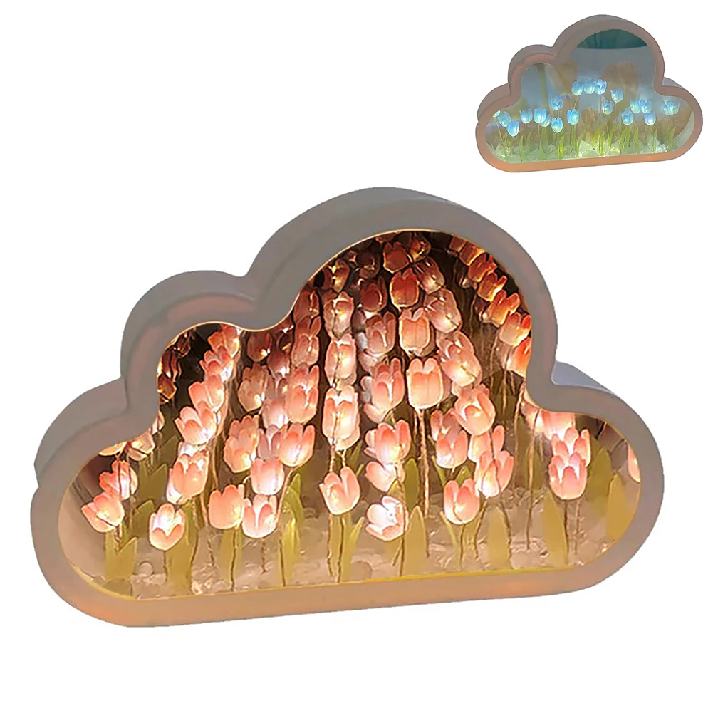 

DIY Cloud Tulip Mirror Night Light Simulation Tulip Cloud Table Lamp Ornaments For Birthday Xmas Gifts Home Decor