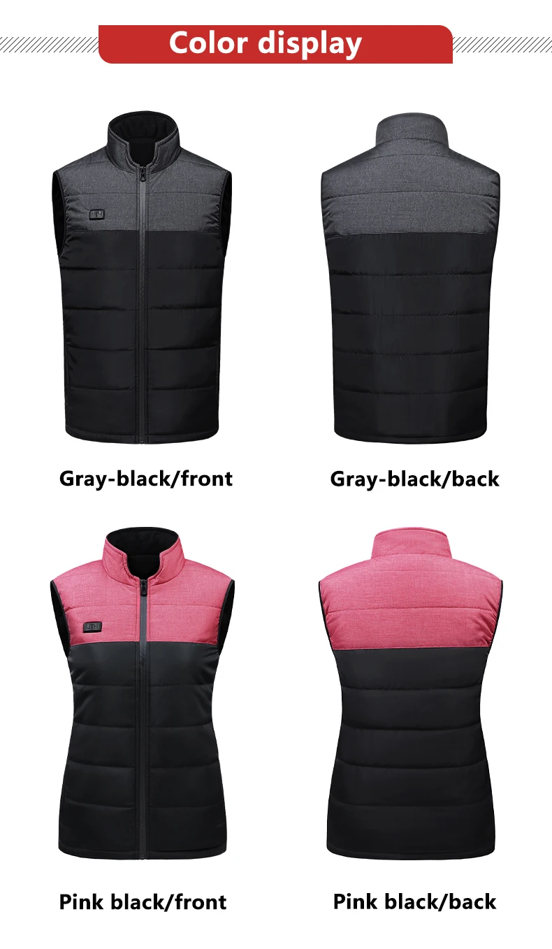 Stylish women's heated vest designed to trap heat and stay warm while utilizing good moisture-proof fabric material.