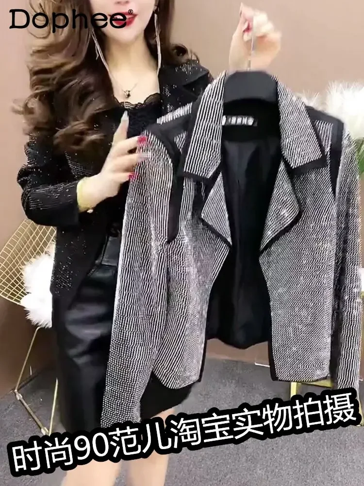 여성용 짧은 정장 재킷, 긴팔, 절묘한 라인스톤 블링 블레이저 코트, 템퍼러먼트 폴로 칼라, 상의, 봄 2023 신상