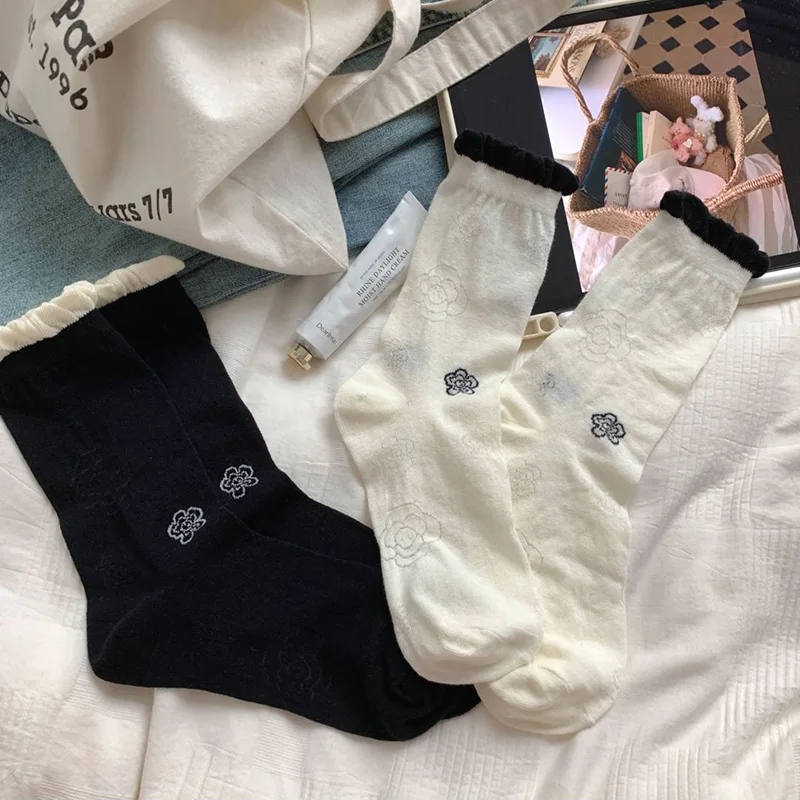 

Summer Thin Socks Camellia Knitted Trendy Cool Girl Black White Ins Fashion Spring Socks Korean Retro Loose Calf Socks Women
