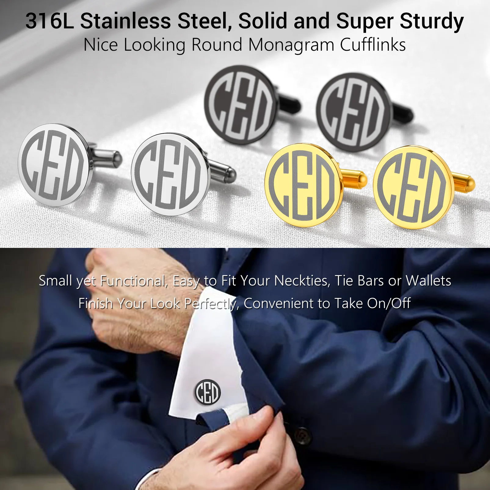 Prosteel Men 18K Gold Plated Customized Fashion Cufflinks Stainless Steel Wedding Tuxedo Shirt Classic Cuff Link