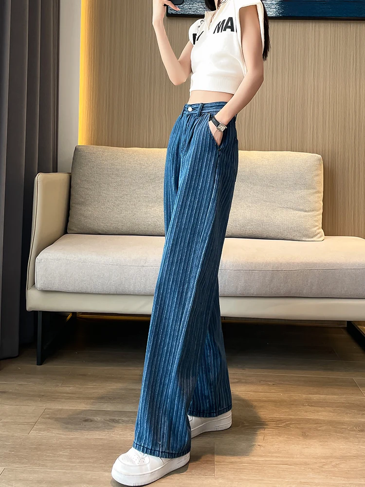 Gestreepte Jeans Vrouwen Europese Stijl Retro Wijde Pijpen Zomer Mode Losse Hoge Taille Eenvoudige Solide Vrije Tijd Elegante All-Match 2023