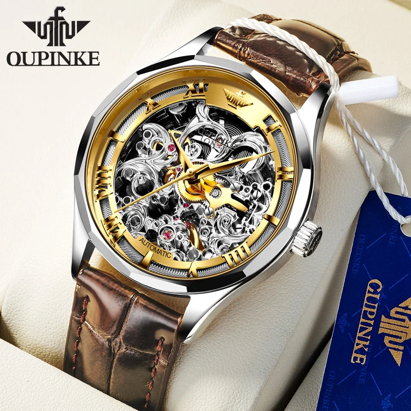

OUPINKE Automatic Mechanical Watches for New Men Luxury Sapphire Mirror Skeleton Design Dial Leather Strap Waterproof Wristwatch