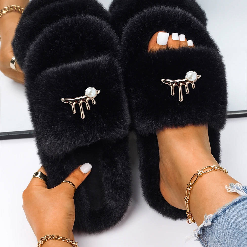

Women's Flip Flops Fluffy Slippers Faux Fur Slides DIY Customized Sandals Pearl Special Slippers Female Casual Shoes
