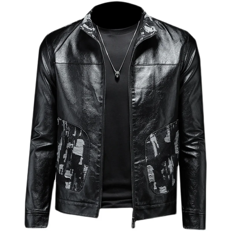 

Brand new fall/winter 2021 stand-up collar leather camouflage denim stitching motorcycle leather jacket jacket male large size