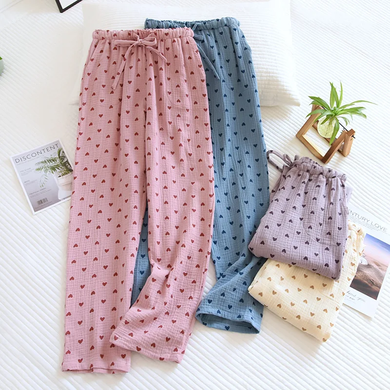 New Spring/Summer Ladies 100% Cotton Crepe Trousers Casual Pajama Pants Simple Women's Cute Love Home Pants plus size pants