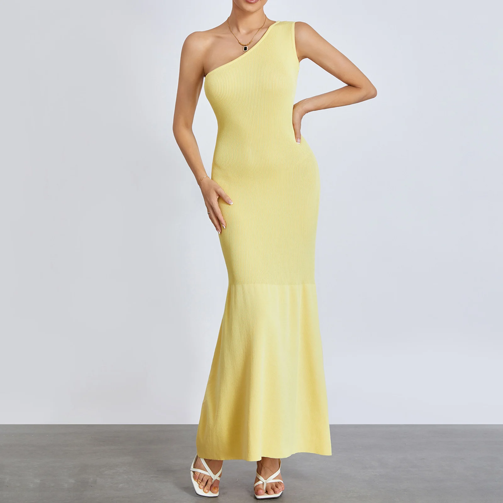 

Chic Long Bodycon Dress Solid Color One Shoulder Sleeveless Dress Women Summer Ribbed Knitted Slim Party Club Knit Dress