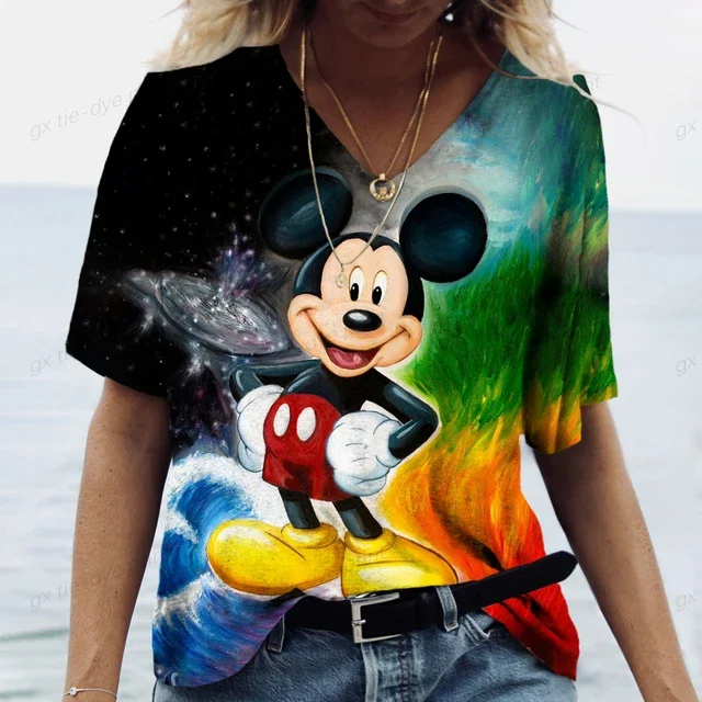thumbnail image 1 of Camiseta holgada con estampado de dibujos animados de Disney Mickey Mouse para mujer, camisetas de verano de manga corta con cuello en V, camisetas kawaii, ropa femenina, 1 of 5