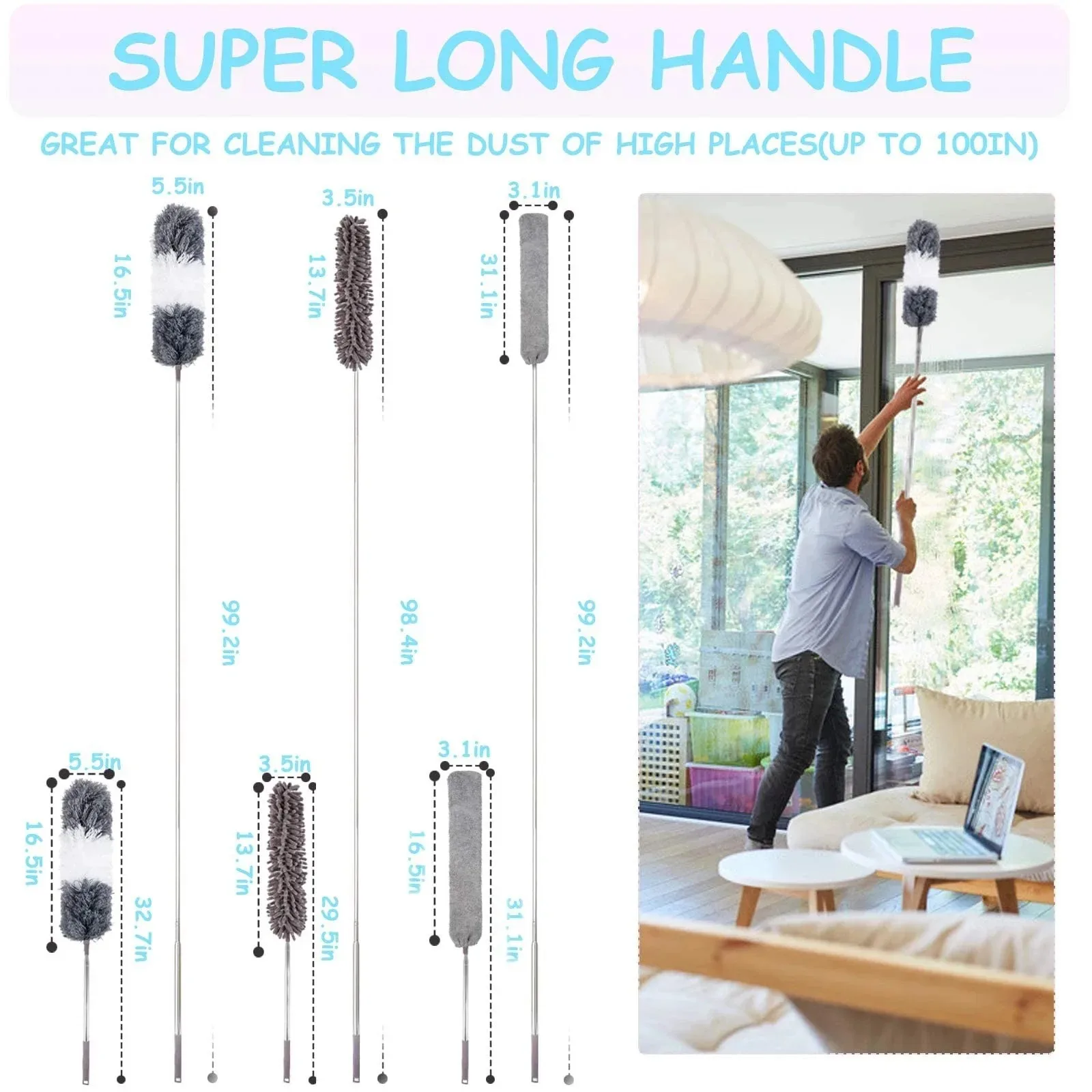 Microfiber Dust Brush Multifunctional 250 cm Telescopic Washable Duster Long Extendable for Spider Web Remover Dust Cleaning