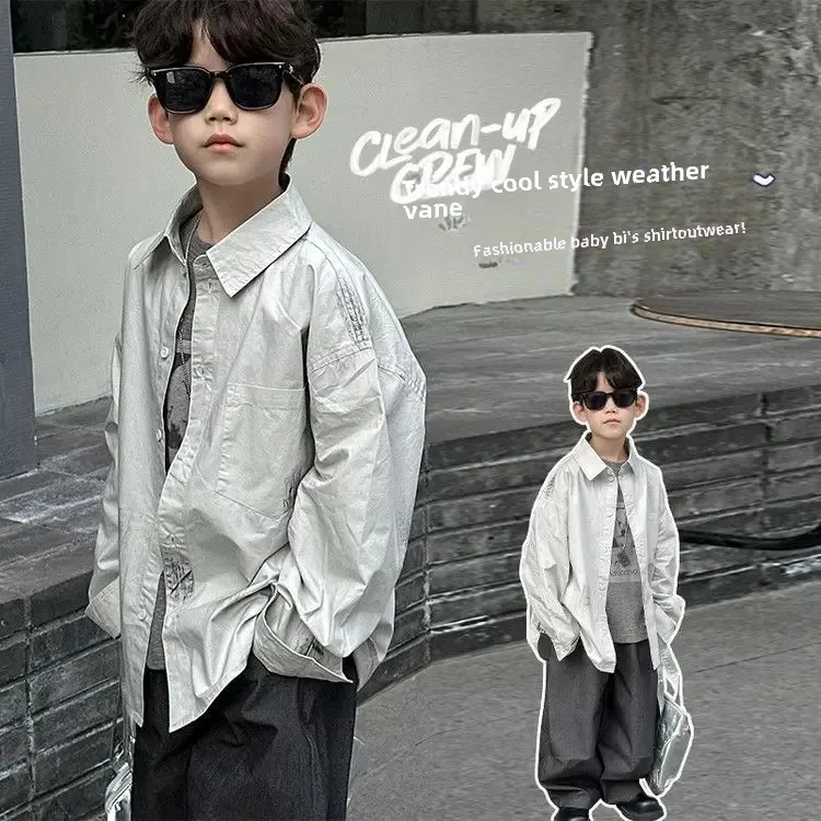 Cool Black Retro Denim Jacket for Boys Autumn Winter Fashionable Children's Shirt Baby Stylish Top Crew Neck
