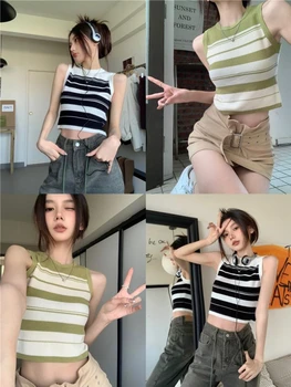 سترة بروتيل محبوكة مخططة على الطراز الكوري لعام 2025 سترة صيفية بدون أكمام بقصة ضيقة قطع علوية نسائية جديدة غير رسمية برقبة دائرية 6