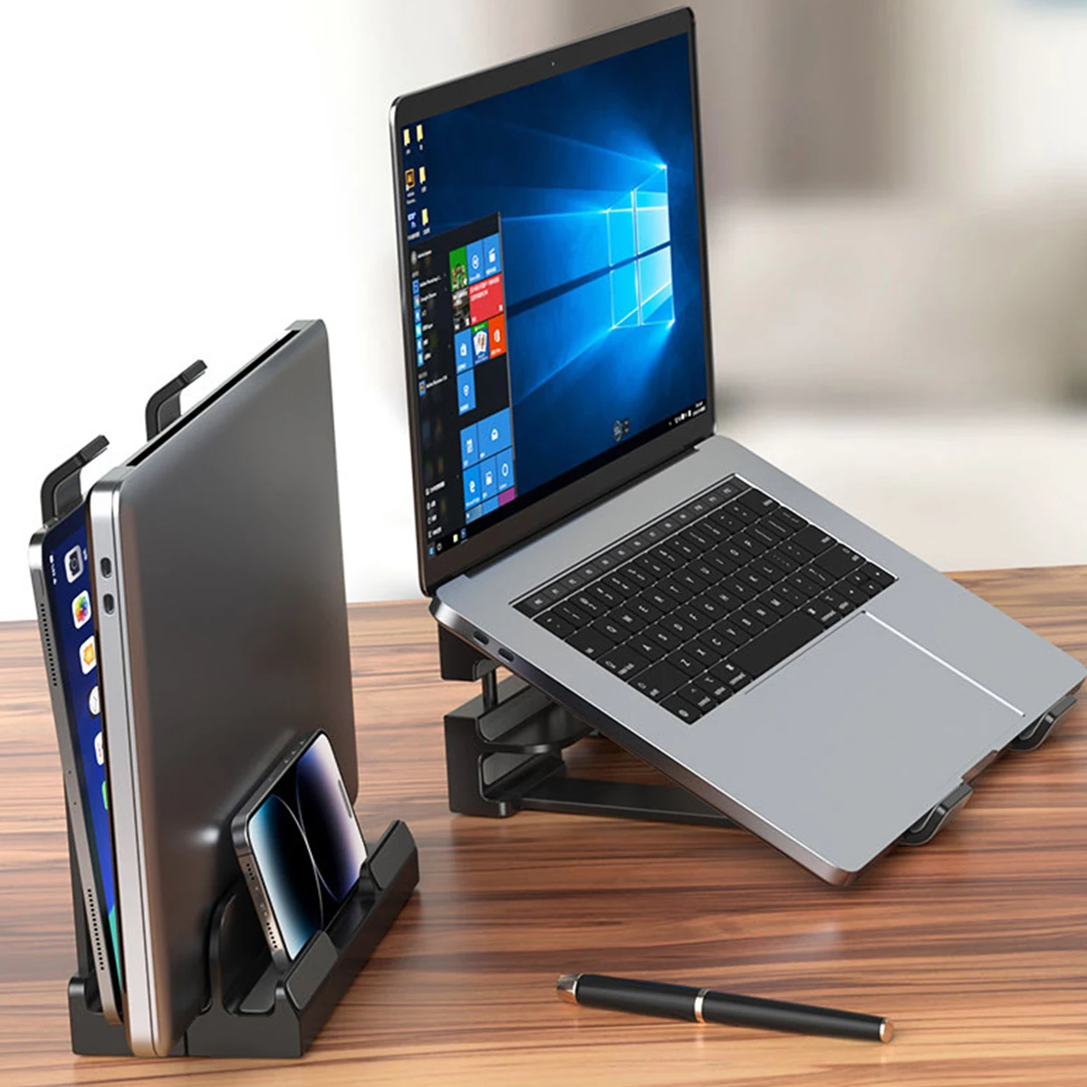 ANKNDO 수직형 노트북 스탠드 합금 공간 절약형 트리플 슬롯 홀더 MacBook Air Pro 13-16인치 iPad 태블릿 폰용
