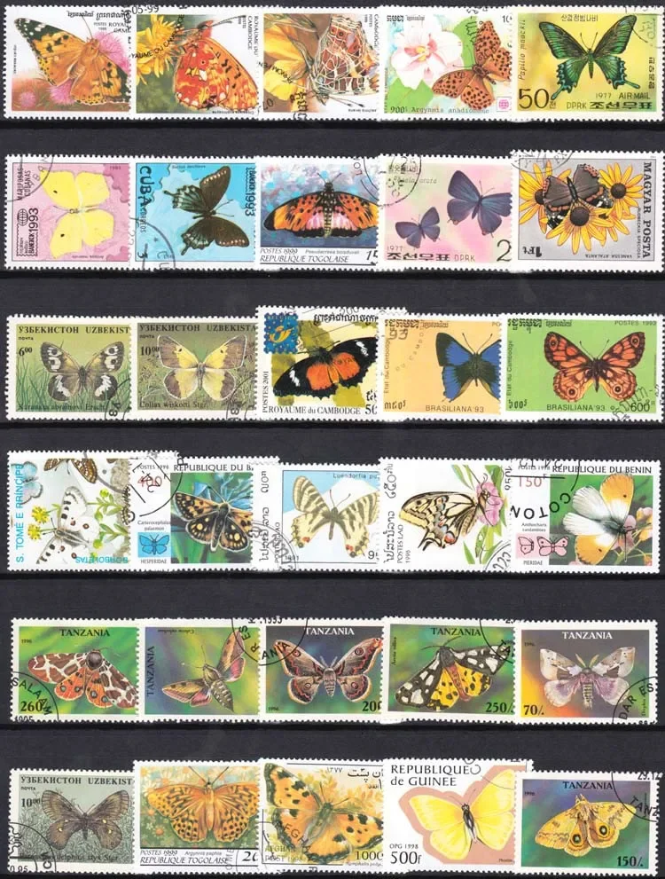 Butterfly insect Postage Stamp 50 100 Pcs/lot Topic World Original with Postmark Good Condition Collection No Repeat postage stamps