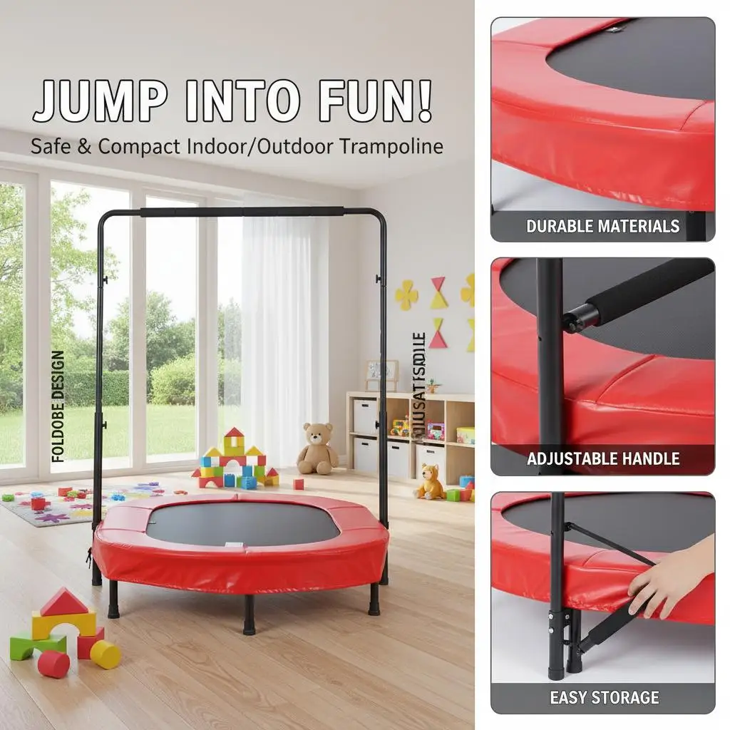 Mini-Trampolin, faltbar, 1435×970 mm, mit 5 verstellbaren Griffen, rot, für Fitness und Unterhaltung, schnell zusammenklappbar, Struktur – Detail 2
