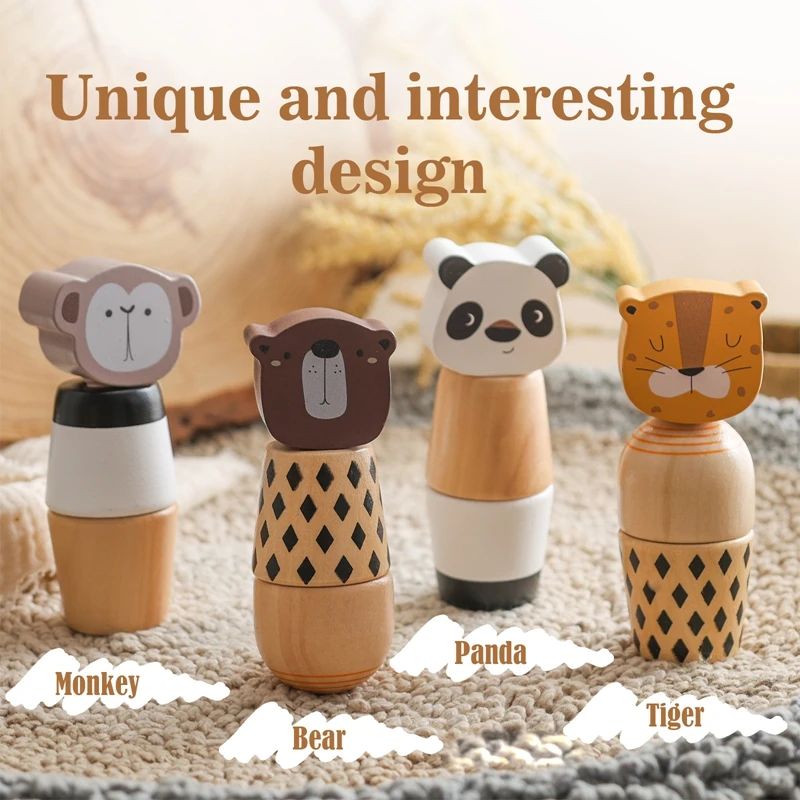 Wooden Montessori Toys Creative Cartoon Animal Bear Shaped Knob Screw Rattles Block Toys Kid Early Educational Puzzle Toys Gifts 2