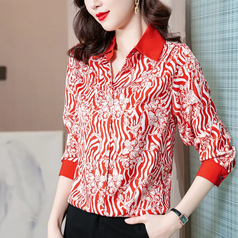 

2023 Autumn Printed Mulberry Silk Satin Chiffon Shirts Women's Long Sleeve Loose Chic Vintage Casual Blouse
