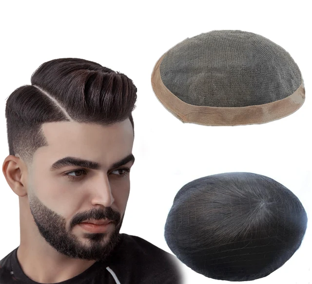 Toupet pour hommes Fine Mono hommes toupet système de remplacement de cheveux humains prothèse capillaire unités de cheveux noirs naturels 1