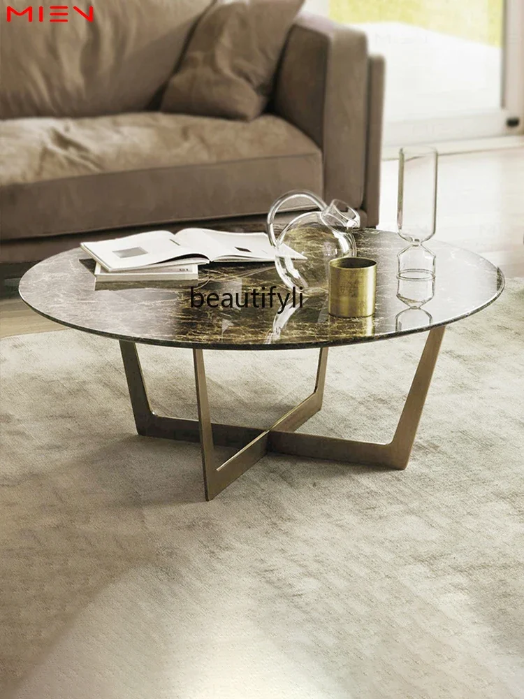 

Light Luxury Living Room Coffee Table Emperador Marble Top Tea Table Metal Bronze Simple Small Table