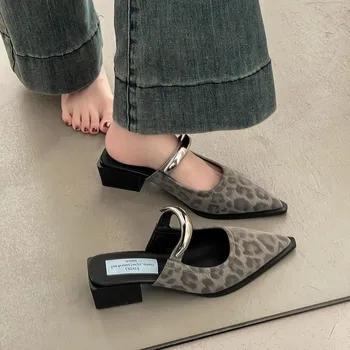 2026 New Summer Women Cover Toe Mules Slippers Fashion Metal Decoration Thick Heel Slide Shoes Comfort Street Style Footwear