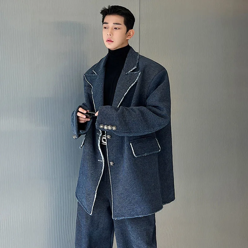 LUZHEN Spring New Men's Blazers Loose Color Contrast Edge Design Denim Coat Shoulder Pad Suit Jacket Stylish Elegant LZ6855