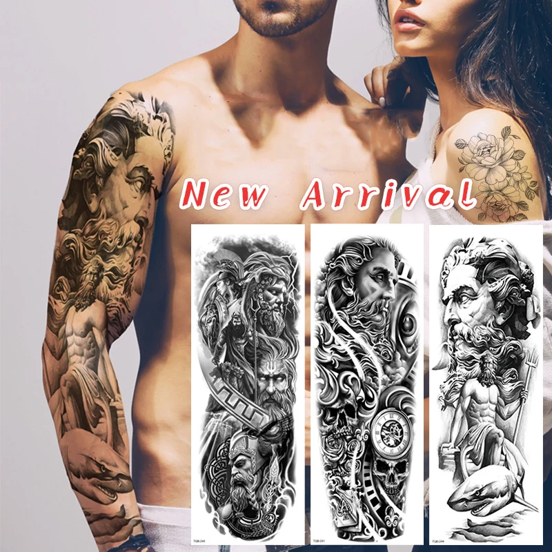 Large Arm Sleeve Tattoo Lion Flower Bird Waterproof Temporary Tattoo Sticker Wild Wolf Tiger Men Full Skull Totem Fake Tattoo waterproof temporary tattoo lion crown king rose large arm sleeve tattoo sticker wild wolf tiger men full skull totem fake tatto