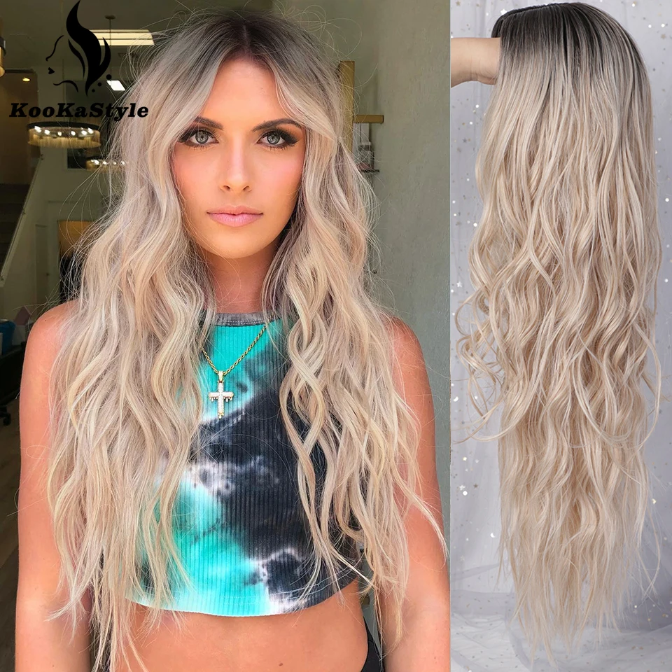 KookaStyle Synthetic Wigs Long Wavy Wigs for Women Ombre Blonde/Red Wigs Middle Part Heat Resistant Fiber 10colors Avaliable