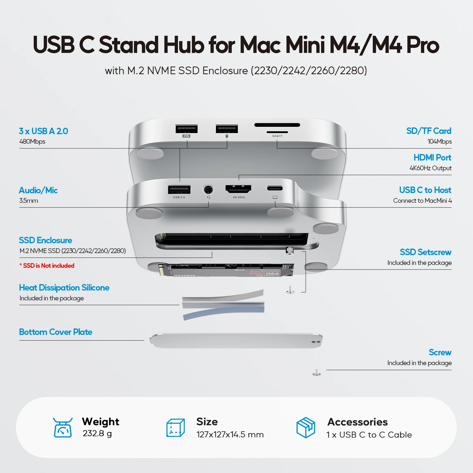 PULWTOP Mac Mini M4 Hub Stand with M.2 SSD Enclosure, with HDMI 4K 60Hz,  USB C Hub Accesorios for Mac Mini 2024 M4 Pro 2