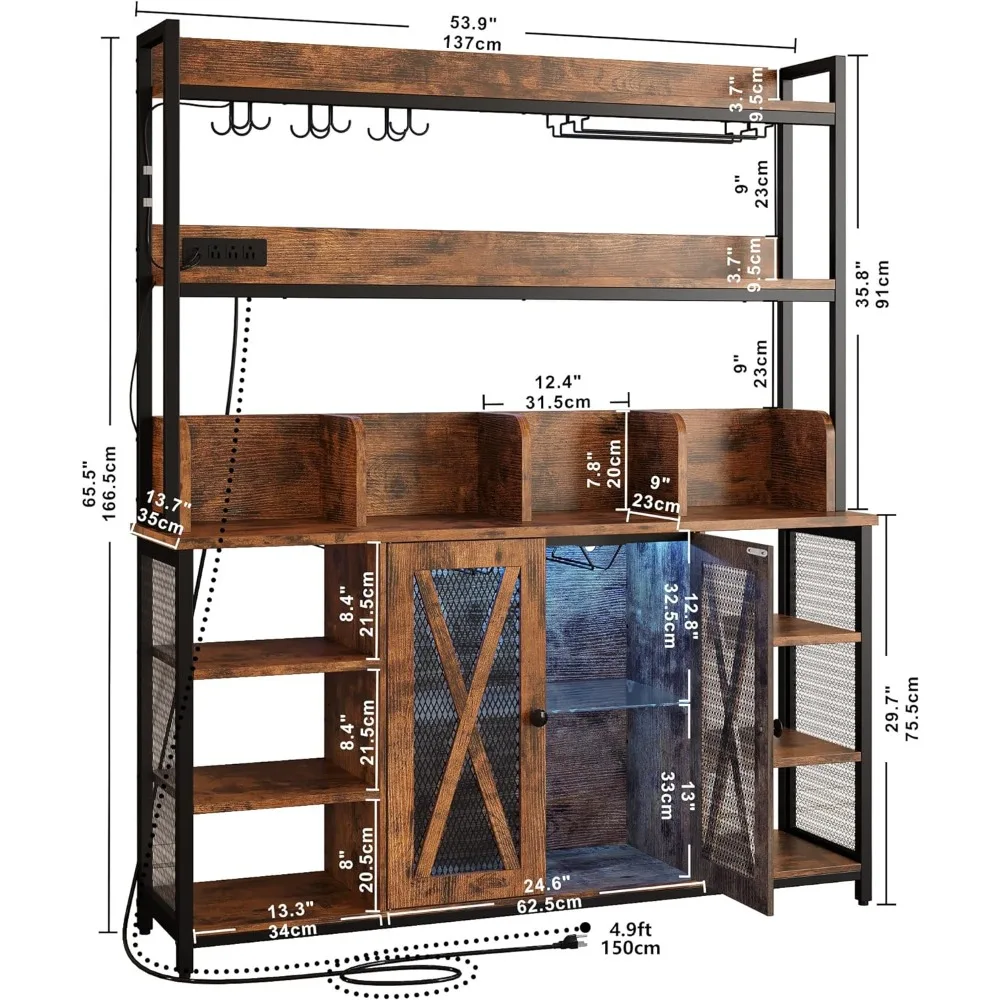 IRONCK Coffee Bar Cabinet with Power Outlet, Industrial Buffet Cabinet with LED Strip and Glass Holder, 3-Tiers Liquor