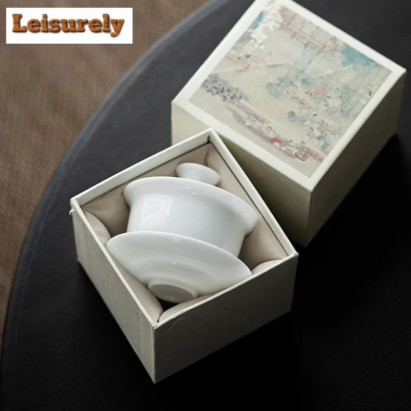 140ml Iced Jade Wihte Porcelain Gaiwan Luxury Brewing Tea Sancai Tea Tureen Household Making Cover Bowl for Ornaments