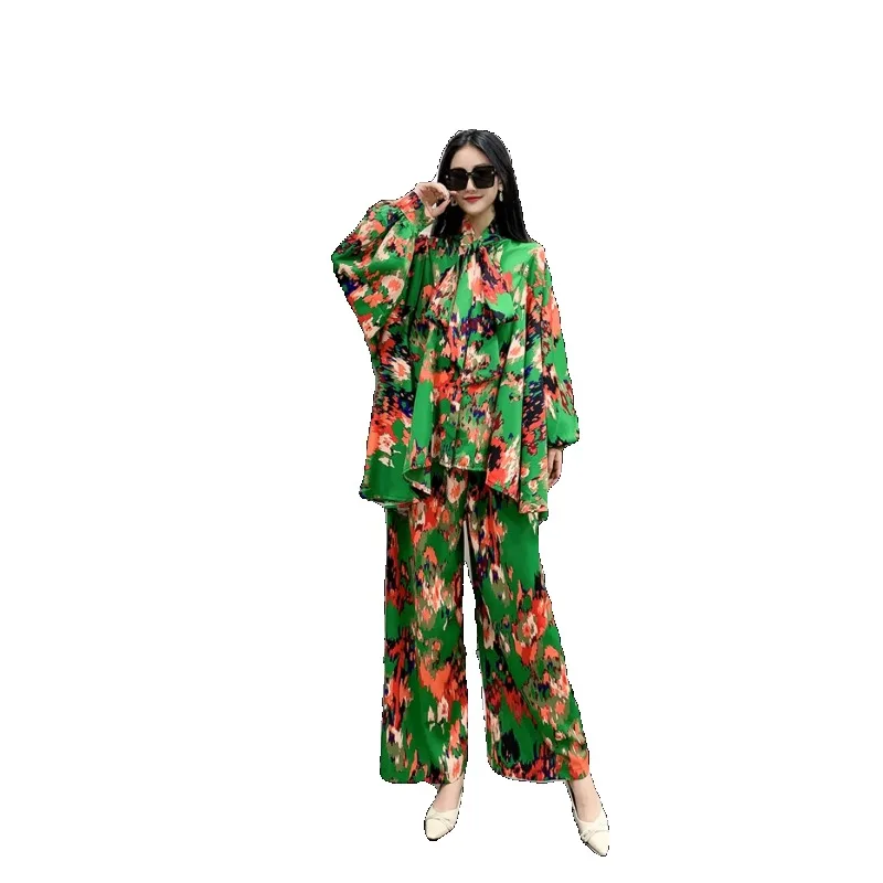 

VANOVICH Korean Style Fashion Print Lantern Sleeve Single-breasted Loose Waist Shirt Spring New Wide-leg Pants Two-piece Sets