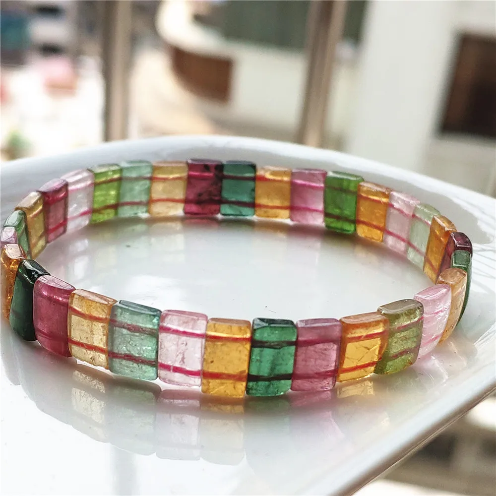 

Natural Colorful Tourmaline Bracelet Brazil Clear Rectangle Beads Women Men Rainbow Blue Red Tourmaline AAAAAAA