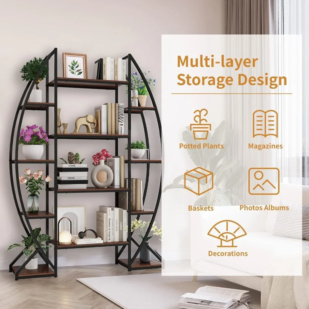 Large Oval Bookshelf, 70“ Tall Open 5 Tier Industrial Bookcases, Modern Etagere Bookcase Furniture, Wall Units for Living Room, 4