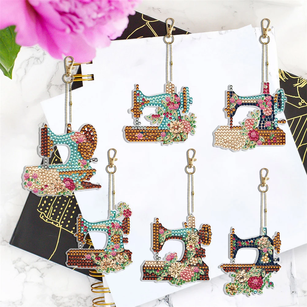 DIY Diamond Art Key Rings Double Sided 6pcs Full Drill Diamonds Pendants Special Shaped Sewing Machine for Beginners Home Decor